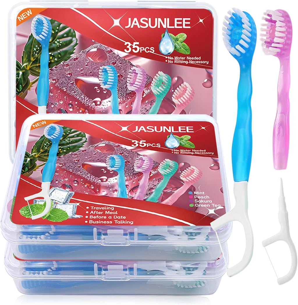 JASUNLEE 70Pack Mini Disposable Toothbrushes 5-in-1 PrePasted Travel Toothbrush with Toothpaste Flosser Pick Tongue Scraper, Individually Wrapped Box, Carry On Essentials for Airplane Camping