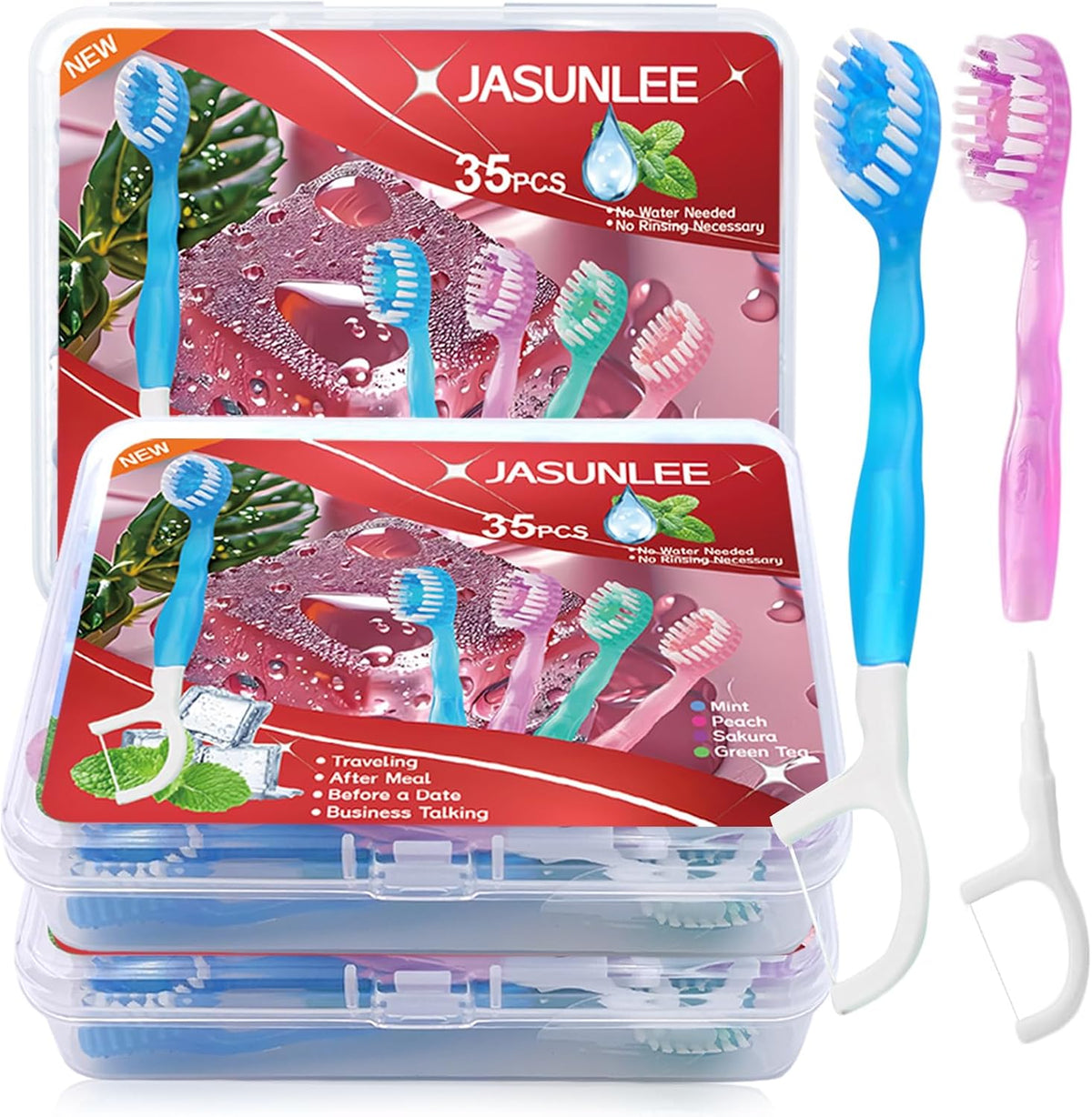 JASUNLEE 70Pack Mini Disposable Toothbrushes 5-in-1 PrePasted Travel Toothbrush with Toothpaste Flosser Pick Tongue Scraper, Individually Wrapped Box, Carry On Essentials for Airplane Camping
