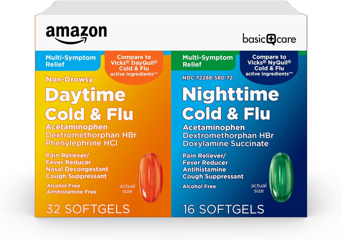 Amazon Basic Care Cold and Flu Relief, Daytime and Nighttime Combo Pack Softgels for Multi-Symptom Relief, Sore Throat, Cough, Nasal Congestion, Headache, 48 Count (Pack of 1)