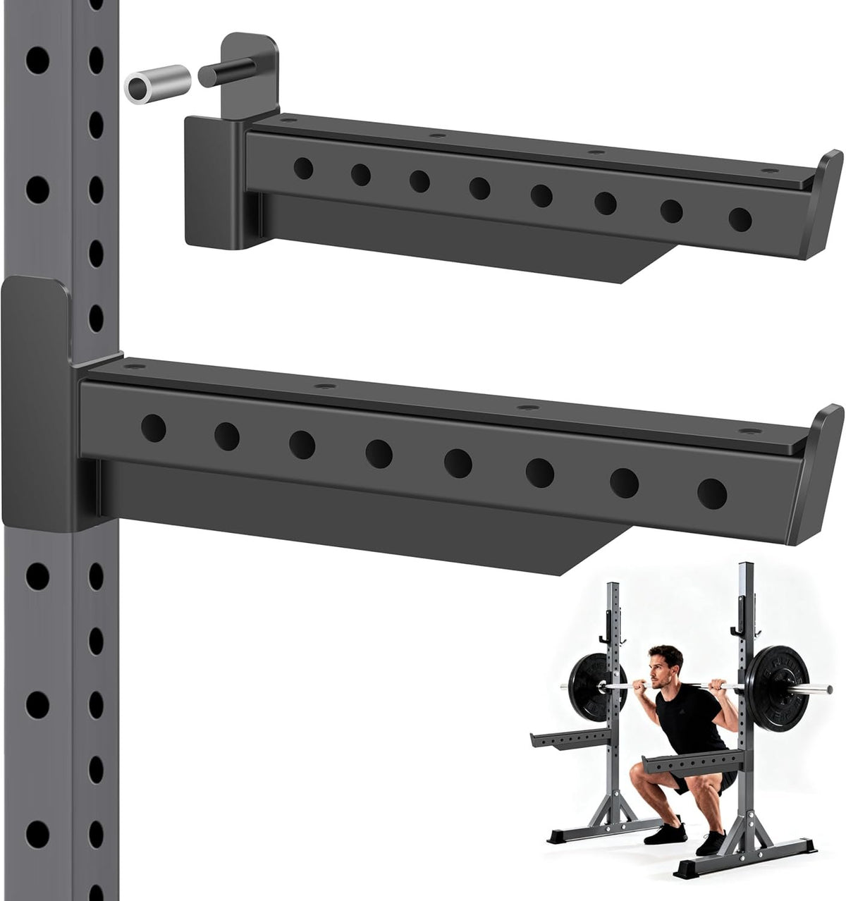 EVERYMATE Safety Spotter Arms, Fits 2"x2" & 3"x3" Power Racks, Heavy Duty 1000LBS Capacity Barbell Squat Rack Safety Bars with Rubber Pads for Home/Garage Gym Strength Training