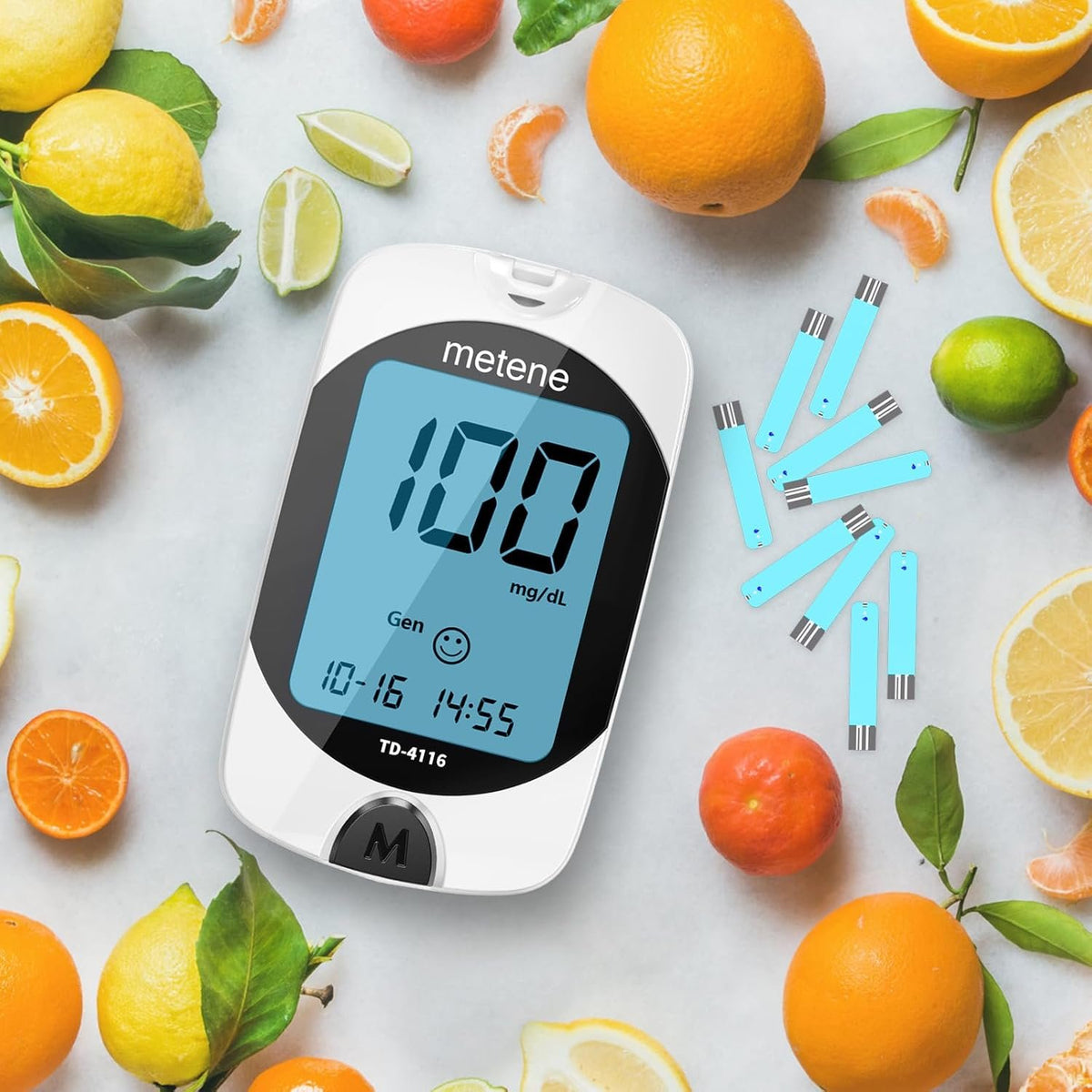 Metene TD-4116 Blood Glucose Monitor Kit, 100 Glucometer Strips, No Coding | 100 Lancets & Control Solution & Lancing Device, Blood Sugar Monitor Large Display , Blood Sugar Test Kit for Home Use