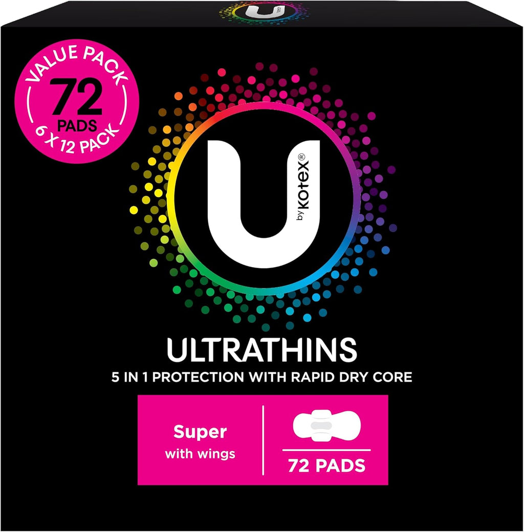 U BY KOTEX Ultrathins Pads Super with Wings 72 Count (6 x 12 Pack) - Packaging May Vary