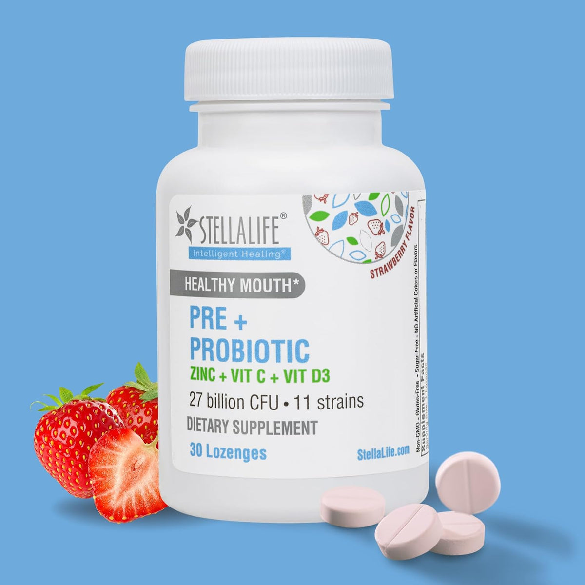 StellaLife Oral Prebiotic & Probiotic Lozenges for Teeth and Gums – 27B CFU, 11 Strains, Dental Probiotic for Bad Breath, Immune Support with VIT C, D3 & Zinc (Strawberry Flavor) 30 Day