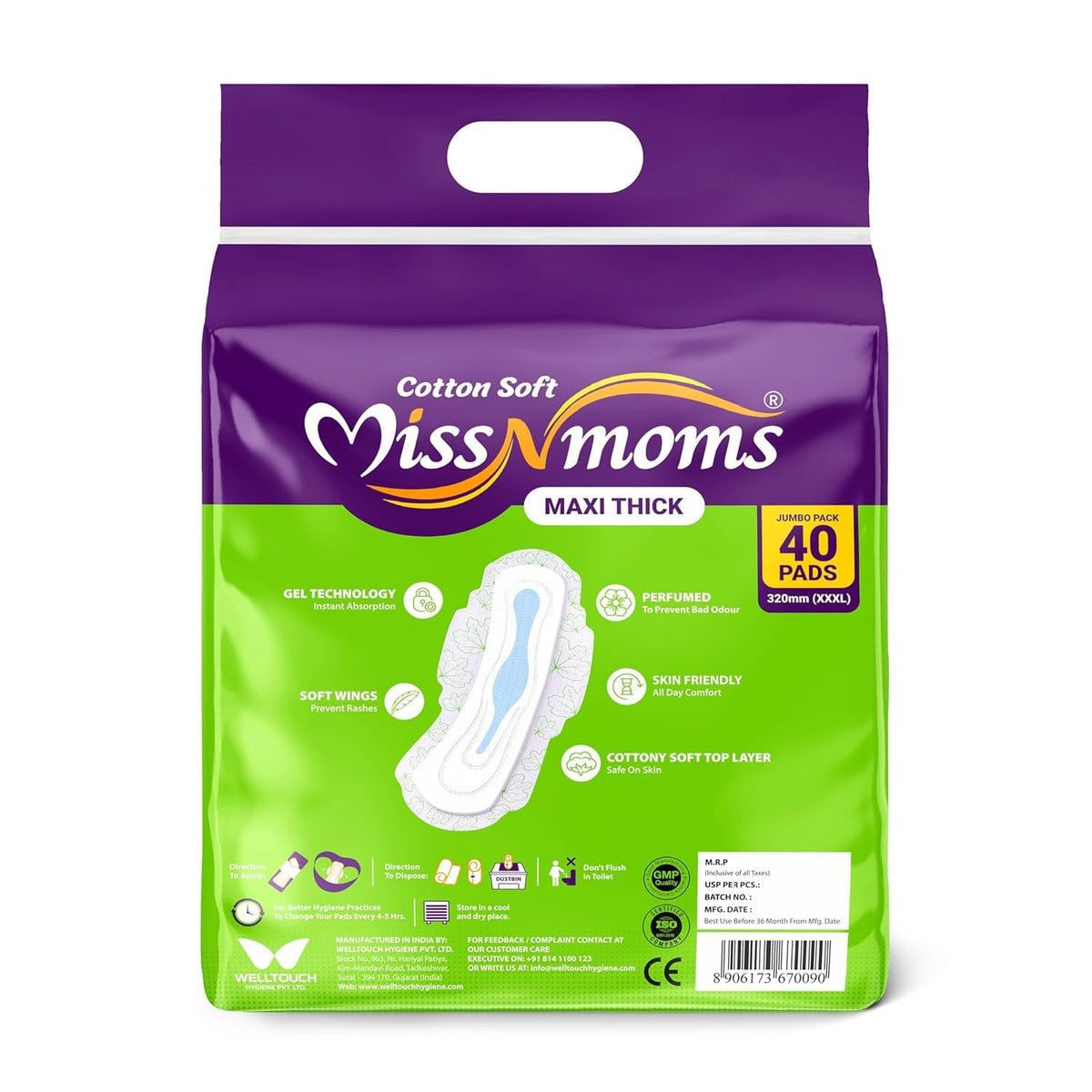 MISS N MOMS 40 Sanitary Pads – XXXL Size, Cotton-Soft, 320mm Long, Heavy Flow & Overnight Use – Combo Pack for Comfort & Leak Protection (40)