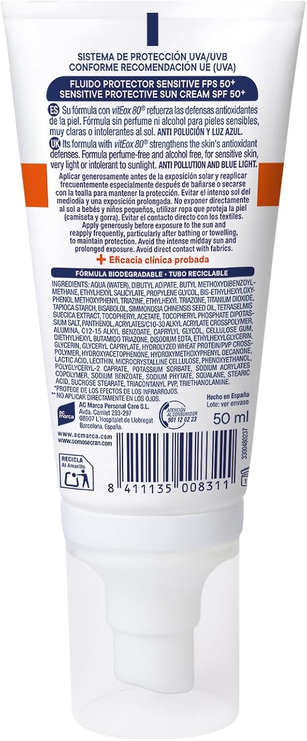 Ecran Sunnique Sensitive - Facial Protective Fluid for Face and Decolletage SPF 50 | Formula with Panthenol, Waterproof, Fragrance and Alcohol Free for Sensitive Skin | 50 ml