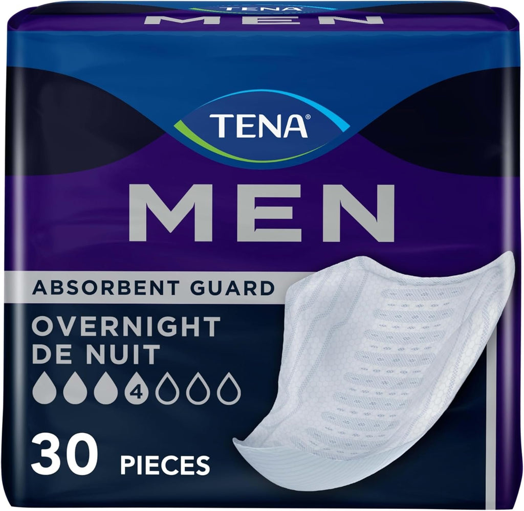 Tena Men Overnight Guards, Incontinence Pads for Men, 30 ct | Engineered to fit the male anatomy, these discreet, cup-shaped male guards help manage heavier bladder leaks, odor & wetness