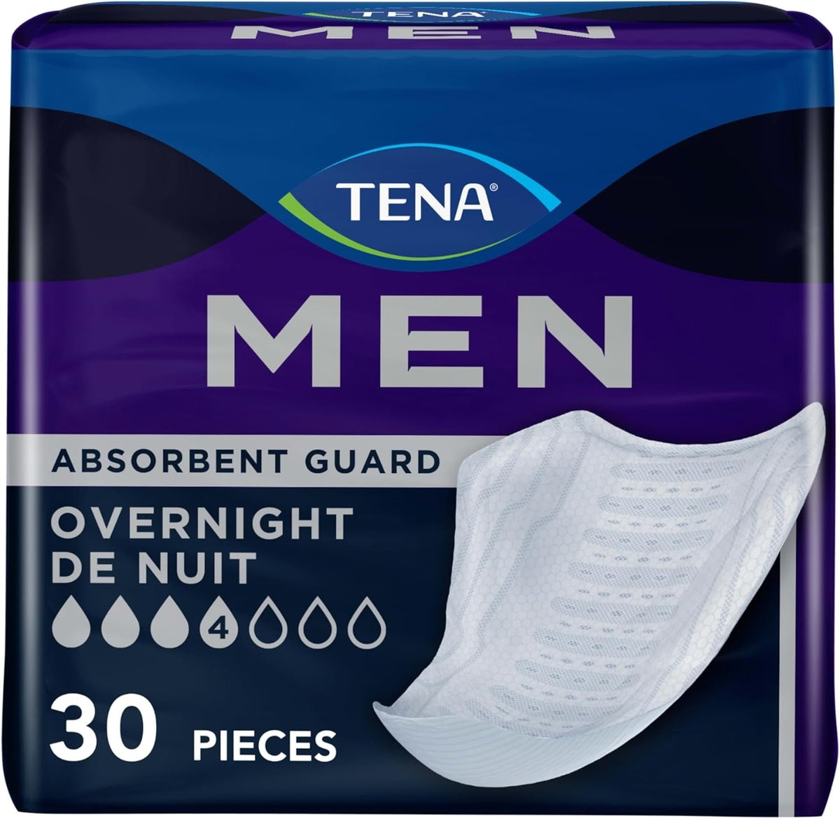 Tena Men Overnight Guards, Incontinence Pads for Men, 30 ct | Engineered to fit the male anatomy, these discreet, cup-shaped male guards help manage heavier bladder leaks, odor & wetness