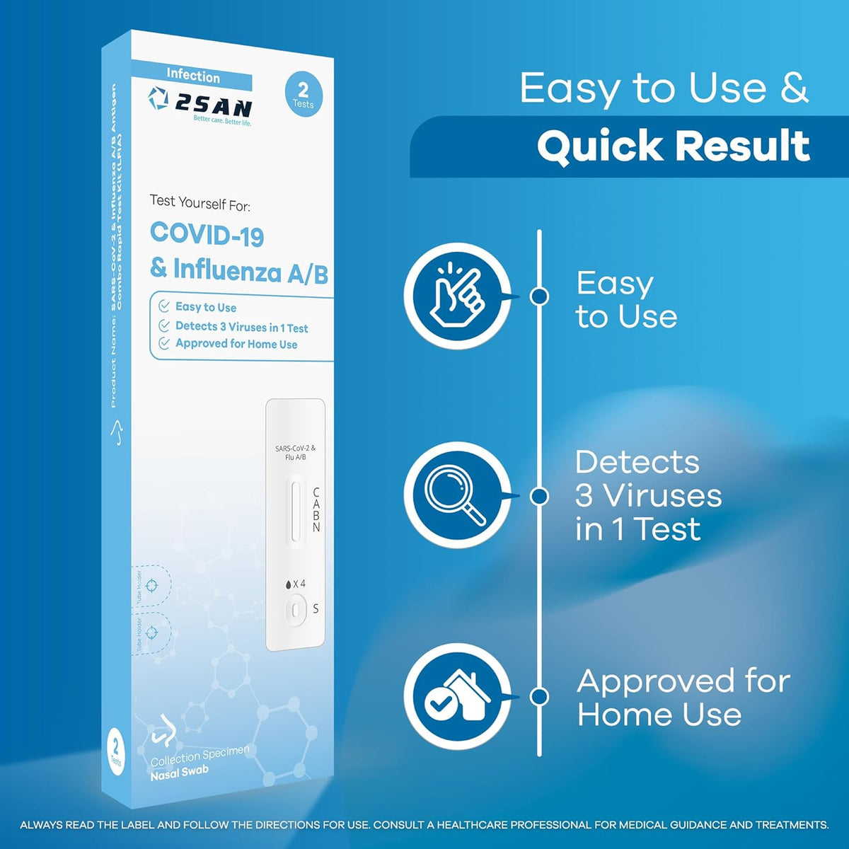 2San COVID-19 and Flu A/B Rapid Test Kit, 15-Minute Results, Easy At-Home Antigen Self-Test for Quick and Accurate Detection of COVID and Influenza, 2 Pack