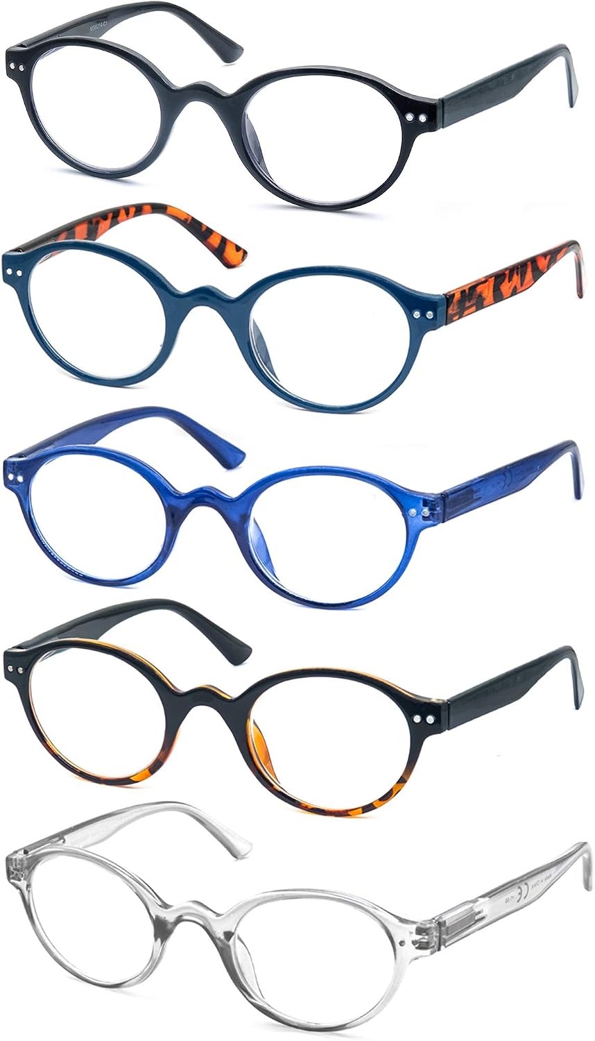 Round Reading Glasses for Women Men Classic Circular Readers +2.50 Stylish Lightweight Cheaters Glasses Spring Hinges 5 Pack