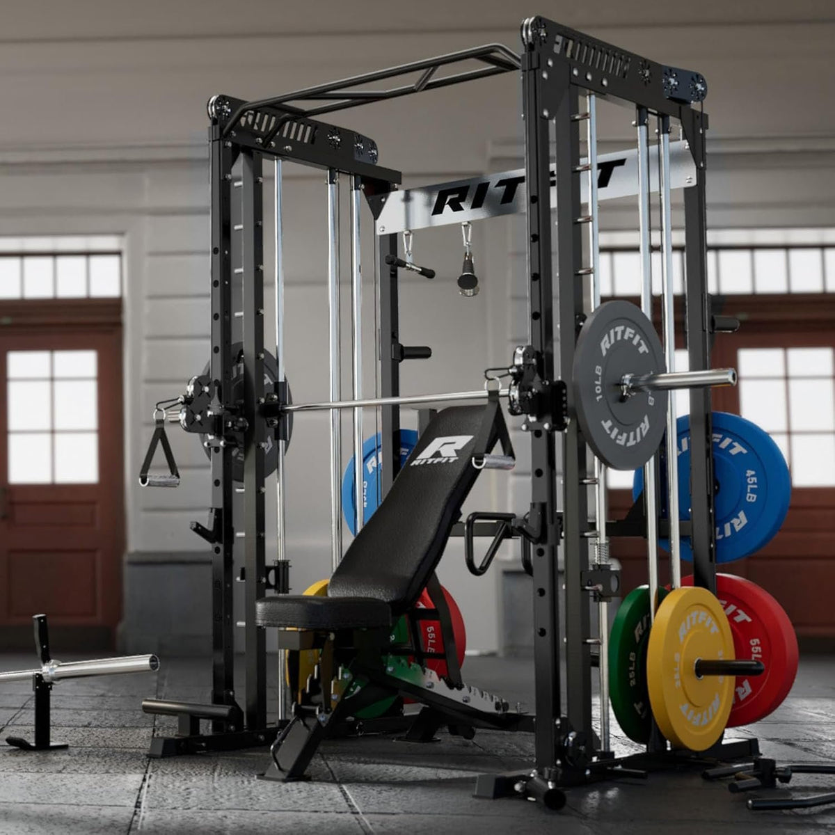 RitFit M1 Pro Smith Machine Cable Crossover Power Cage Home Gym | Dual 360 Cables, Barbell & Handles, LAT Pulldown, 1850LBS Weight Capacity