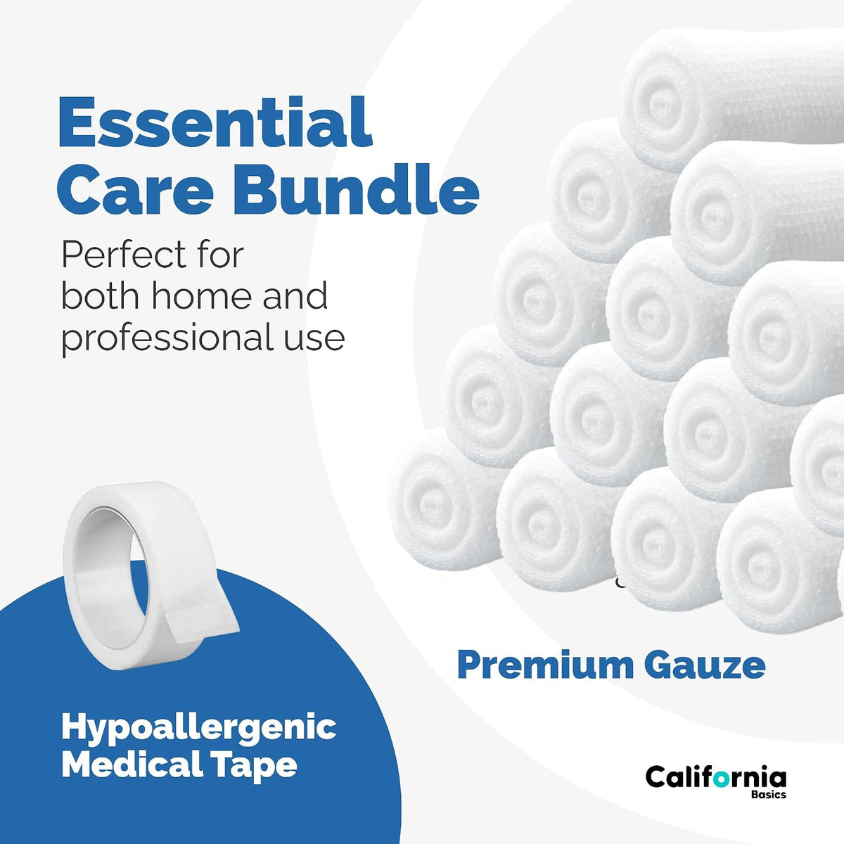 California Basics 24-Pack Gauze Bandage Roll with Tape, 4 Inches x 4 Yards - Soft, Stretchable & Breathable Wrap for Wound Care, First Aid & Medical Supplies - White