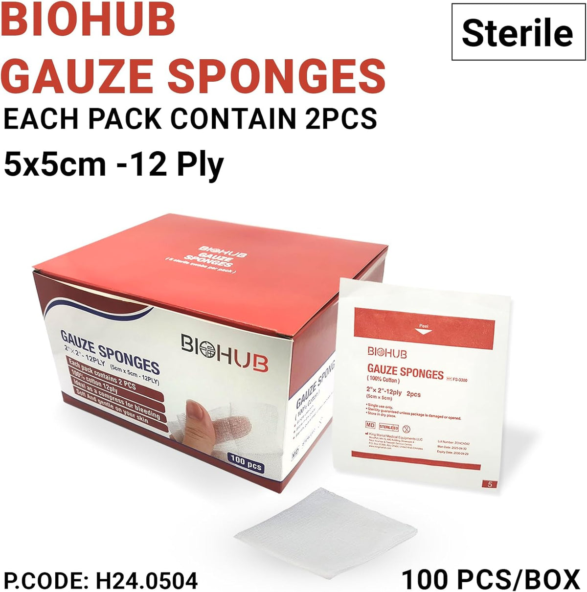 Gauze and Wound Dressings 100% Cotton Sterile 5 cm 100 pieces