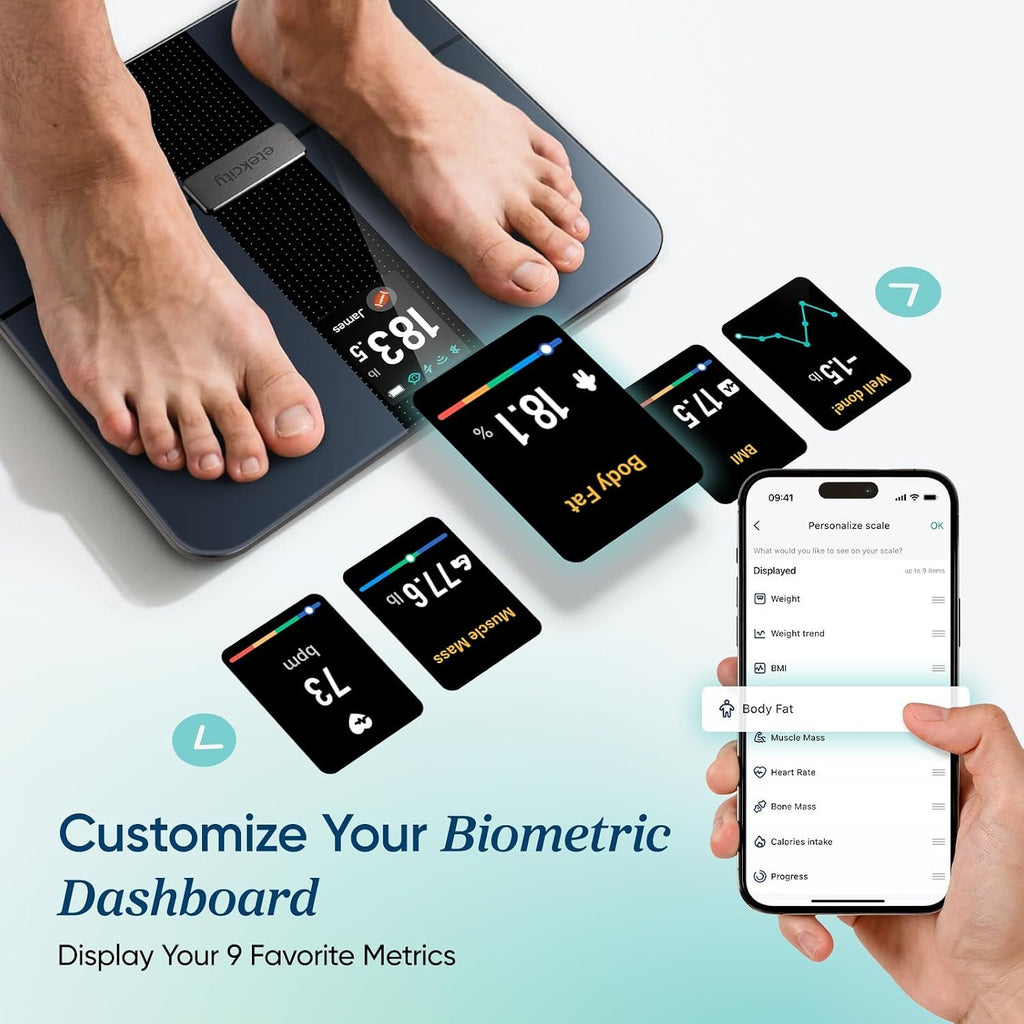 Etekcity Smart Scale for Body Weight and Fat, BMI, FSA Eligible, Black | HSA Eligible, Digital Scale for BMI, Muscle Mass and Body Composition, with Apple Health, TFT Display, Tempered Glass
