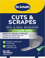 Dr. Scholl’s Cuts & Scrapes Flexible Adhesive Waterproof Large Seal & Heal Bandages, First Aid and Wound Care Medical Supplies, Medical-Grade Hydrogel Locks in Moisture to Promote Healing, 16 Count