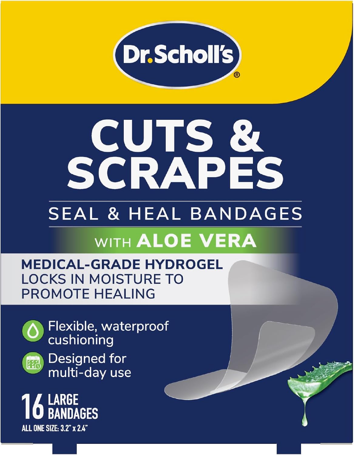 Dr. Scholl’s Cuts & Scrapes Flexible Adhesive Waterproof Large Seal & Heal Bandages, First Aid and Wound Care Medical Supplies, Medical-Grade Hydrogel Locks in Moisture to Promote Healing, 16 Count