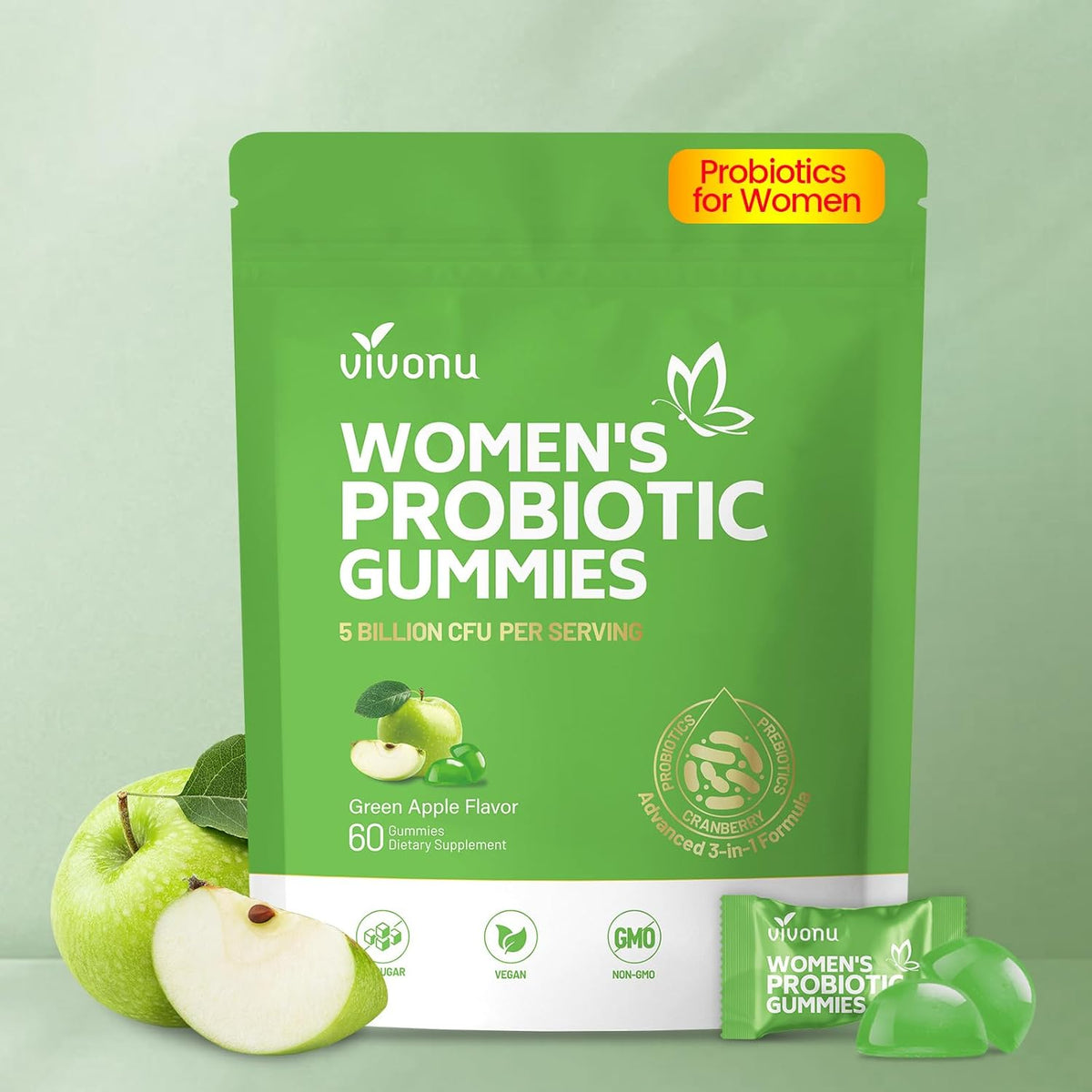 VivoNu Viginal Probiotic for Women, Women Probiotic Gummies, Feminine Balance Gummies, Green Apple Probiotics for Woman Vaginigal Health, Yeast Ph Balance
