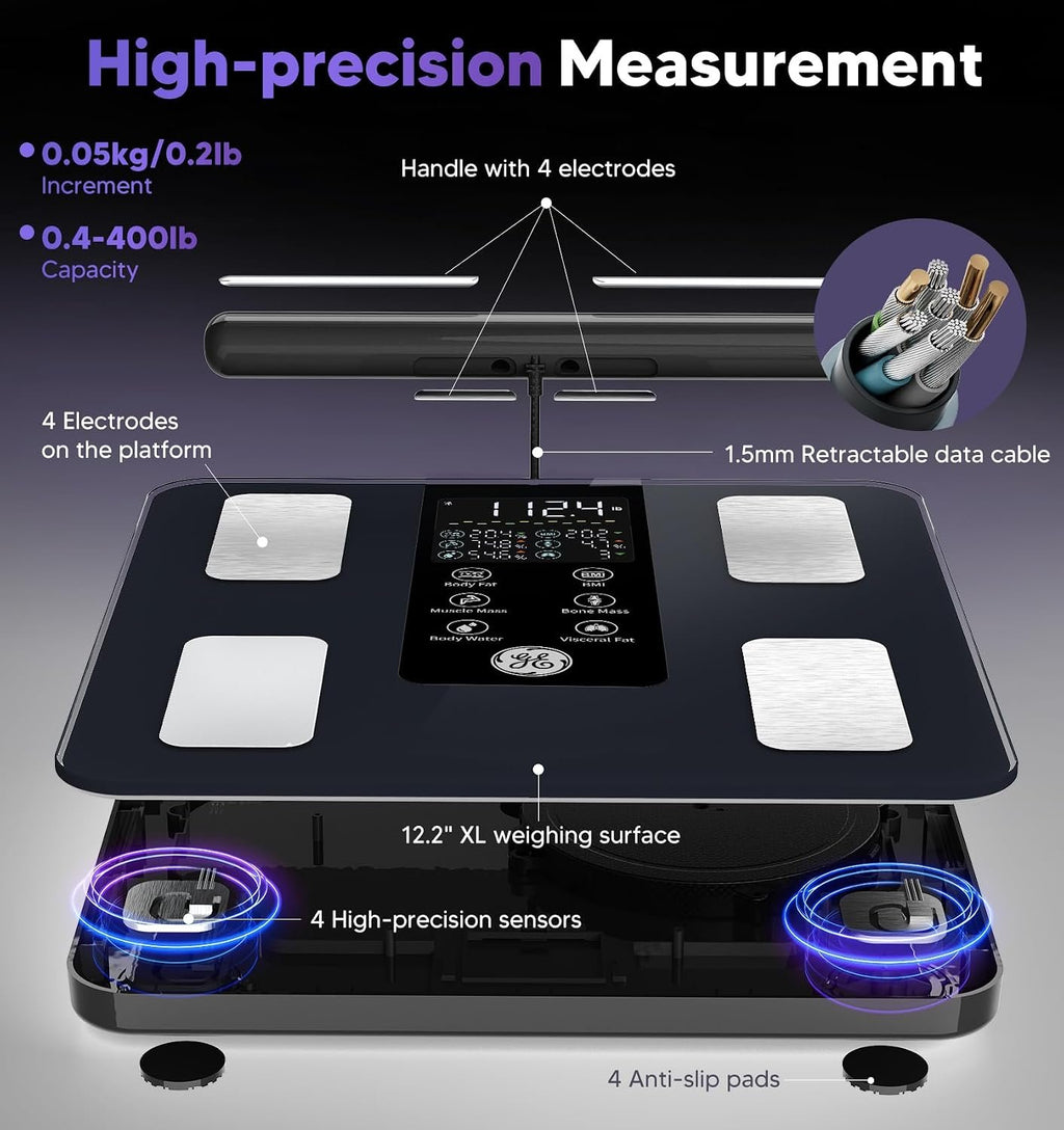 GE Smart Scale for Body Weight: Full Body Composition Analyzer, 50+ Metrics | 8-Electrode Digital Bathroom Scale for Weight Fat BMI Muscle Mass Bluetooth, Highly Accurate Weighing Machine 400lb