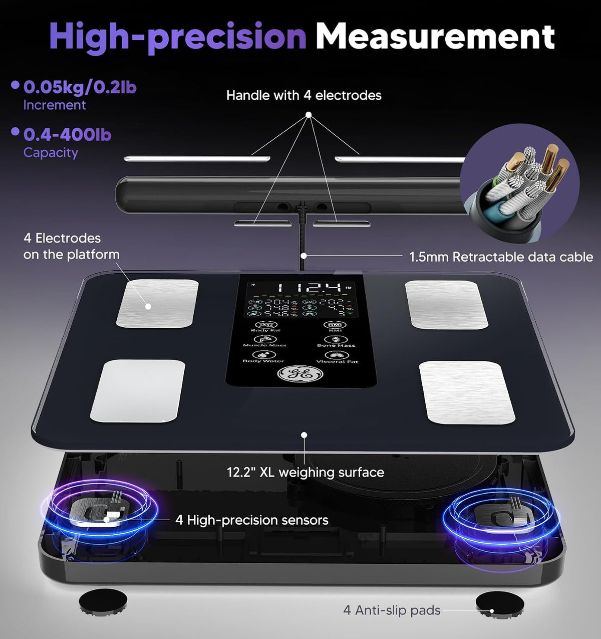 GE Smart Scale for Body Weight: Full Body Composition Analyzer, 50+ Metrics | 8-Electrode Digital Bathroom Scale for Weight Fat BMI Muscle Mass Bluetooth, Highly Accurate Weighing Machine 400lb