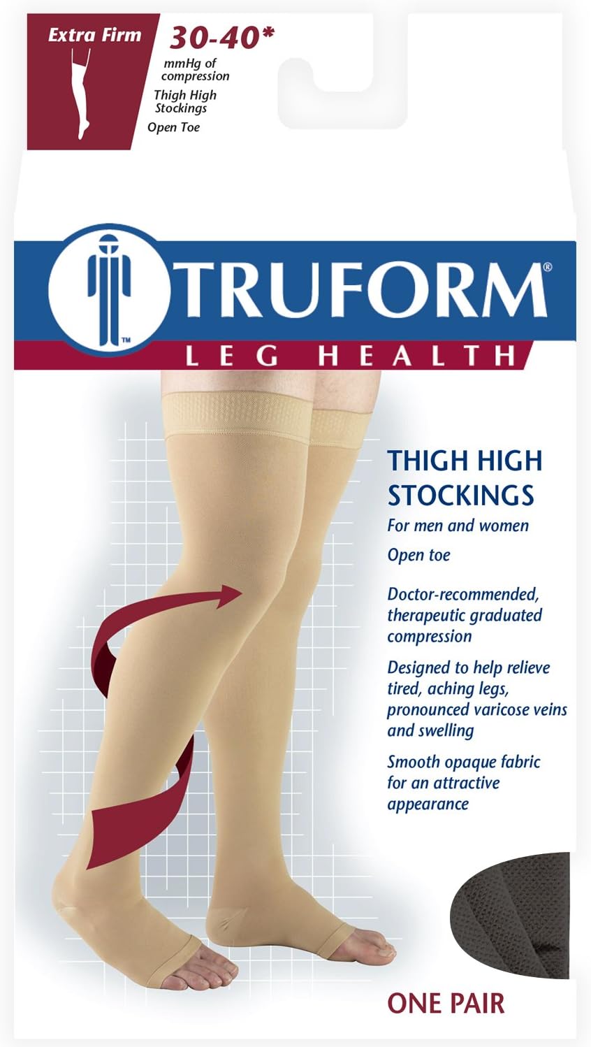 Truform 30-40 mmHg Compression Stockings for Men and Women, Thigh High Length, Dot-Top, Open Toe, Black, X-Large