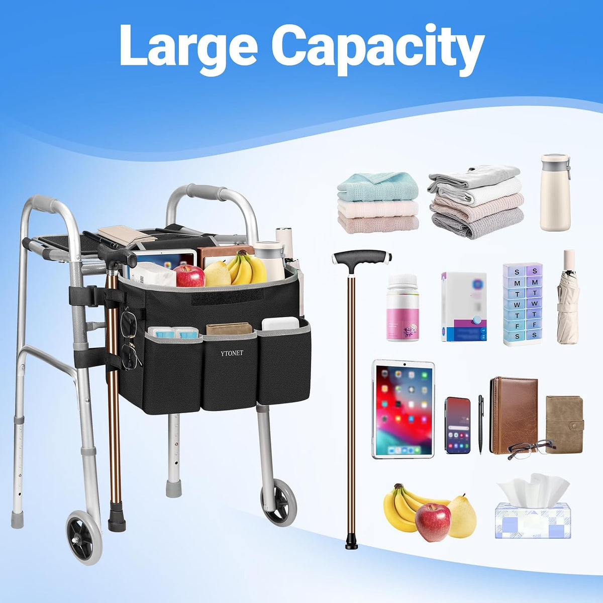 Ytonet Walker Basket with Tray, Detachable Walker Tray for Folding Walkers | Large Capacity Storage Baskets with Phone and Crutch Holder Water-Resistant Non-slip Walkers Accessories for Seniors Black
