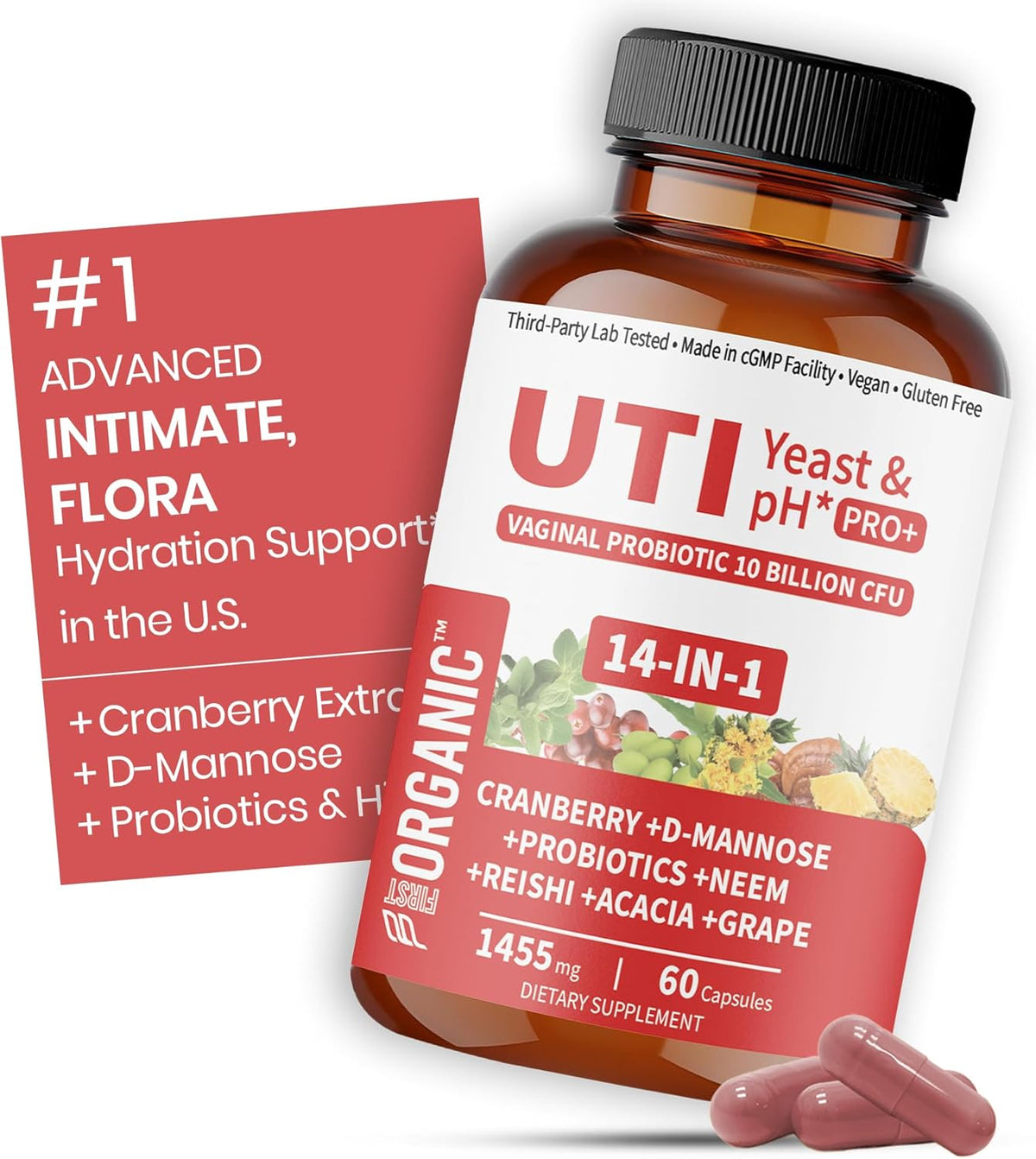 Women’s Vaginal Microflora Probiotic | Supports UTI, Yeast & pH Balance | Daily Hydration Blend with Cranberry, D-Mannose, Aloe & Hibiscus | Odor, Flora & Urinary Tract Care | Vegan, Non-GMO, 60Caps