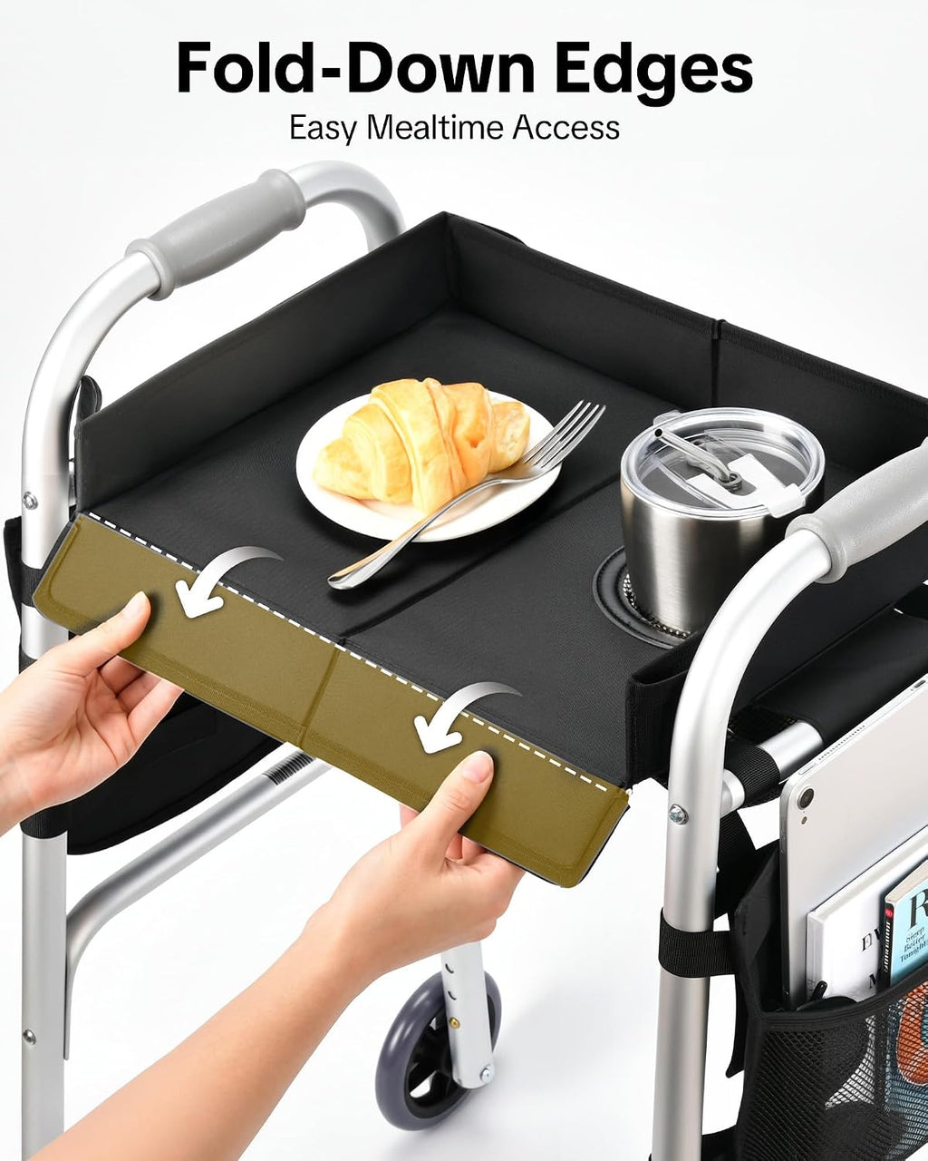 Walker Tray for Folding Walker, Side Pockets & Cup Holder | Fits 17–19" Folding Walkers with Side Bars, Easy Install, Adjustable Straps, Spill-Resistant Surface, Lightweight for Seniors
