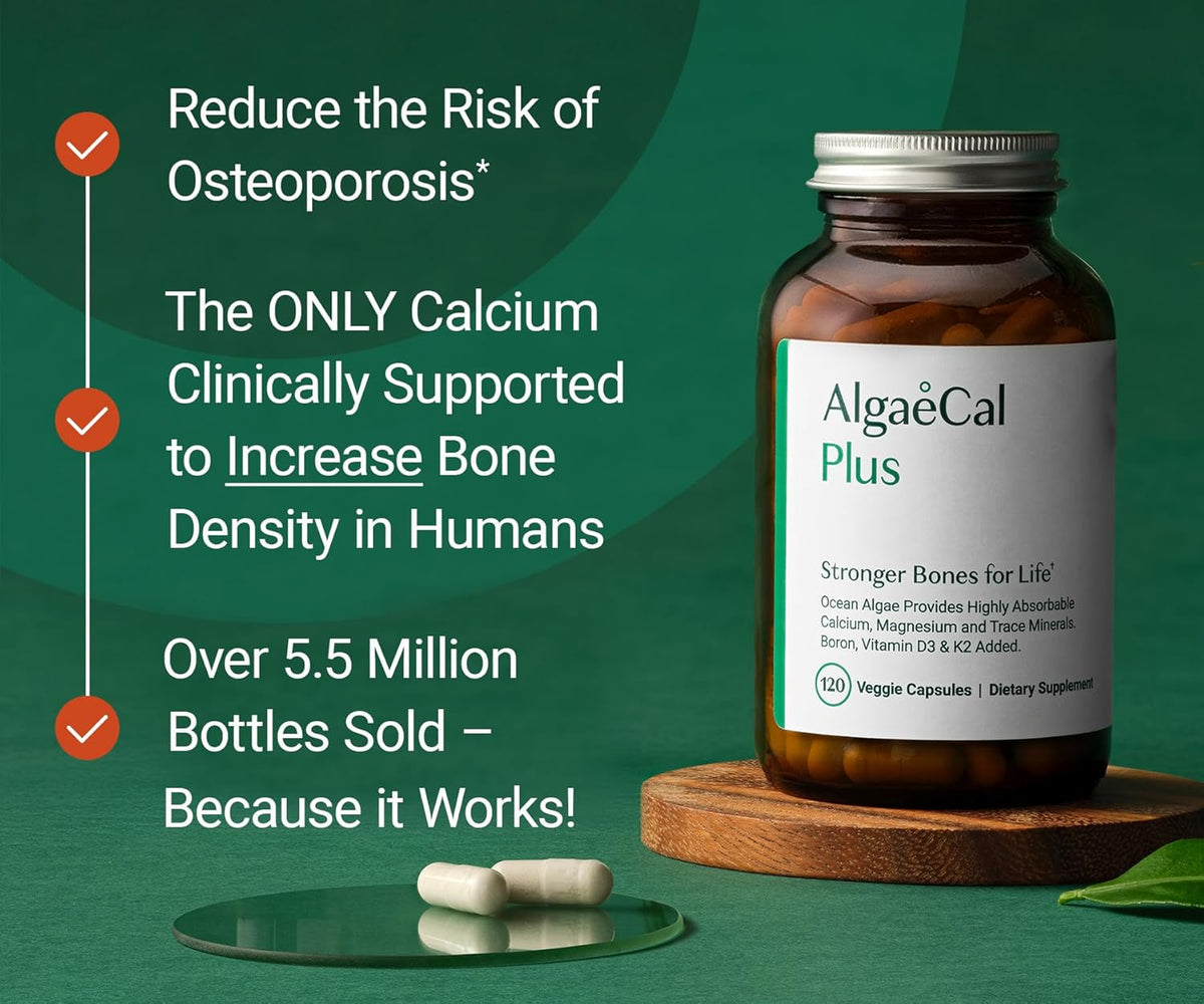 ALGAECAL Plus Calcium Supplement for Bone Density, with D3 K2, 120 Caps