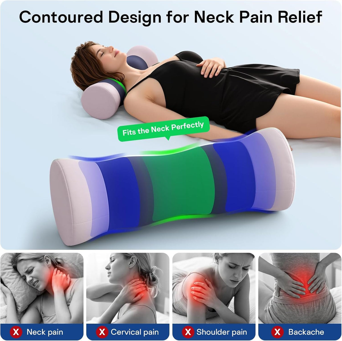 Neck Roll Pillow - Cooling Cover Round Neck Pillow for Sleeping - Memory Foam Cervical Roll Pillow - Ergonomic Bolster Pillow for Neck, Leg, Back, Yoga, Relaxing (Blue Purple)