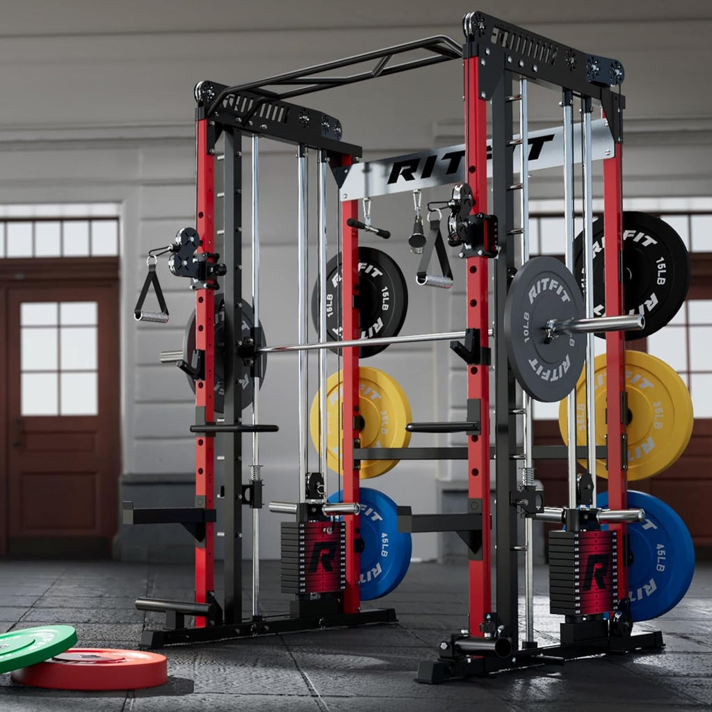 RitFit M1 Pro Smith Machine Cable Crossover Power Cage Home Gym | Dual 360 Cables, Barbell & Handles, LAT Pulldown, 1850LBS Weight Capacity