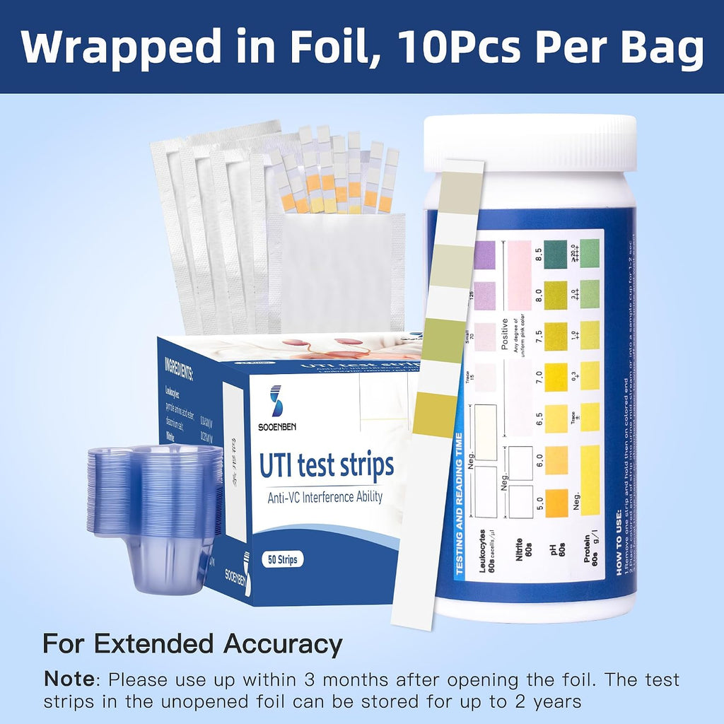 4-in-1 UTI Test Strips, 50ct Full Panel Urinary Tract Infection Test Kit at Home for Women Men Kids, Urinalysis Leukocytes, Nitrites, PH, Protein Urine Strip for UTI and Bladder, 50 Strips 50 Cups