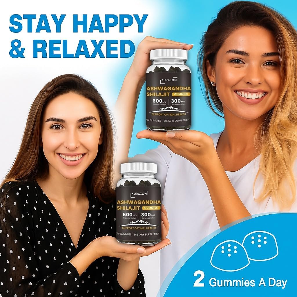 Pure Himalayan Shilajit Ashwagandha High Strength Gummies 300mg Relax, Restore & Mixed Vegan, Plant Based, Non-GMO, Gluten-Free & Gelatin Free, One Month Supply for Both Men and Women