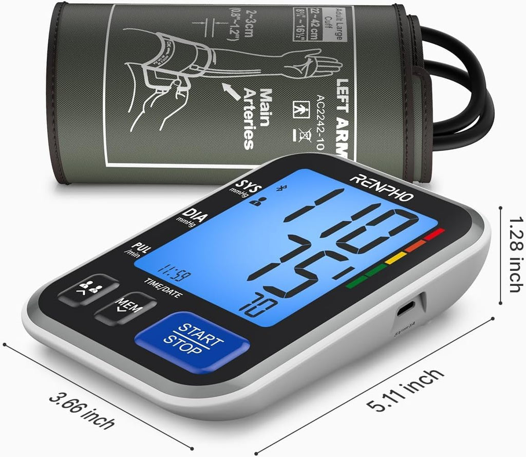 RENPHO Smart Blood Pressure Monitor, Wide Cuff, Data Storage, Bluetooth | BP Machine with Wide Range Cuff for Large Size for All Arm Sizes, Multi-User, Family Supplies, Home Use, FSA Eligible HSA