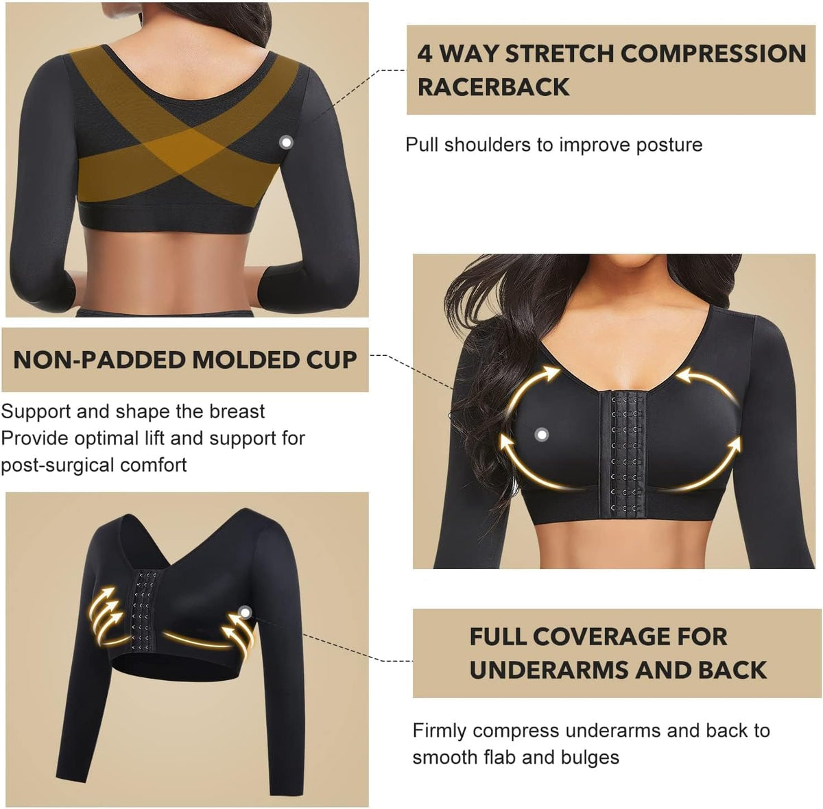 Women's Arm Shaper Tops Arm Lift Slimmer Compression Sleeves Support Garment Post Surgical Corrector, Slimming Arm Front Closure Shapewear Bra (SIZE XL)