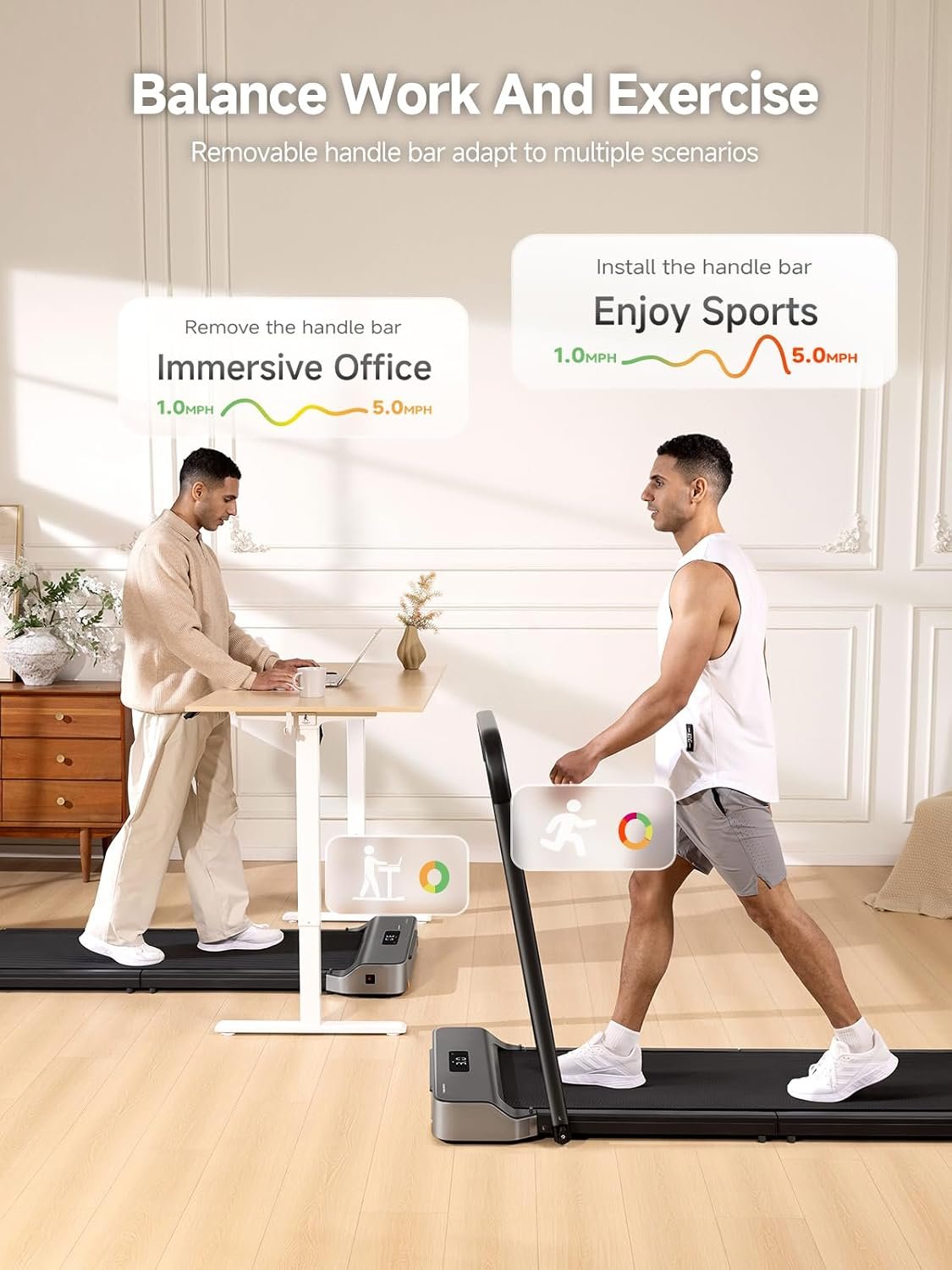 WalkingPad Foldable Walking Pad Treadmill with Handle Bar Under Desk | Treadmill for Home Small, Removable Handrail, Compact Storage, Space Saving for Home and Office Use