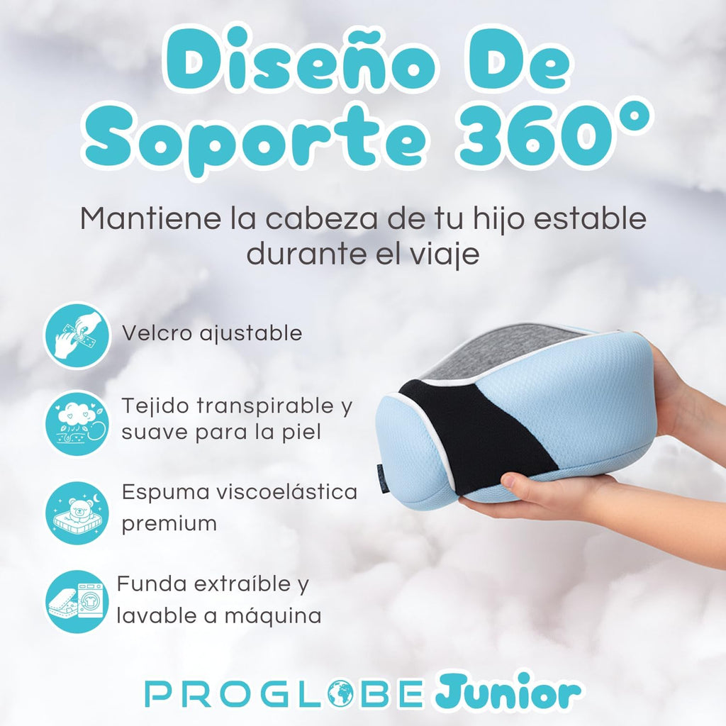 Proglobe, Kids Ergonomic Memory Foam Neck Pillow for Travel Airplane Car Booster Seat Soft Washable Compact with Strap 4-13 Years Old Light Blue
