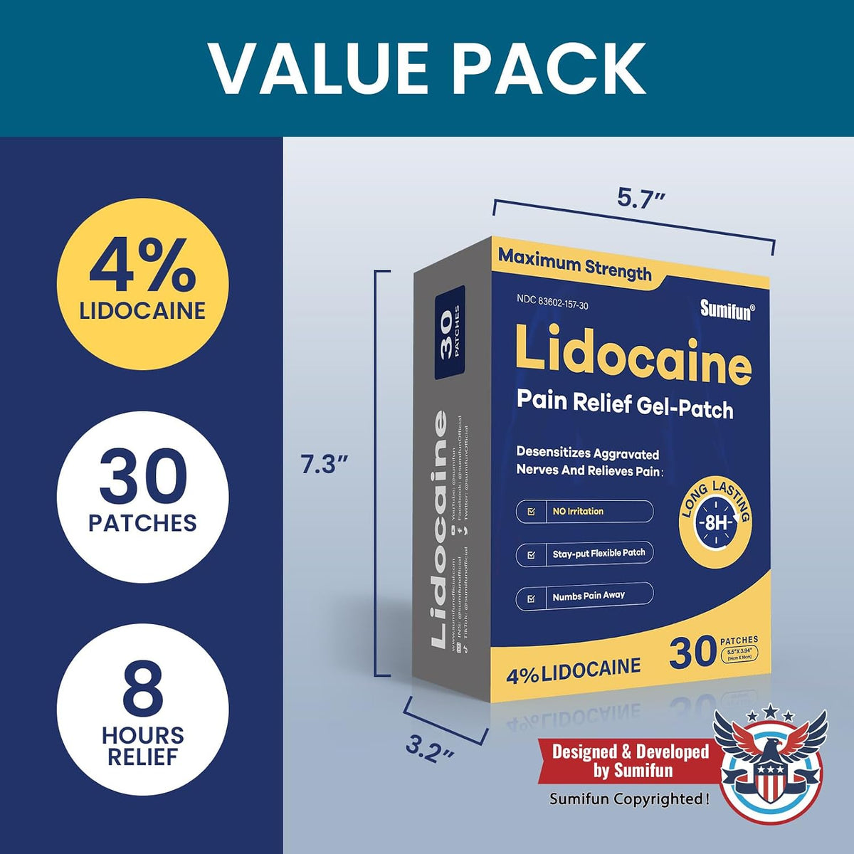 Sumifun 4% Lidocaine Pain Relief Patches 30 Count(Pack of 1) | Maximum Strength Numbing Gel Patch for Back Knee Neck Joint Ache Muscle Soreness Topical Analgesic