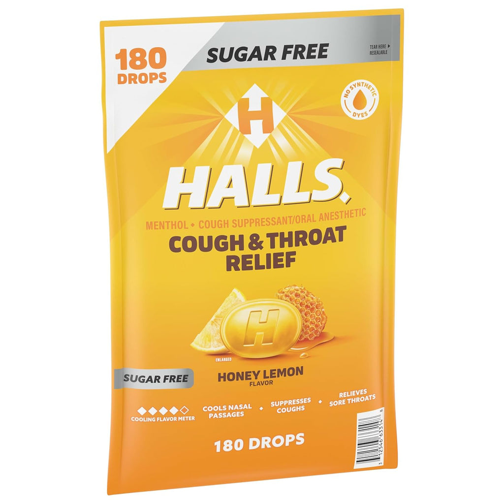 HALLS Cough & Throat Relief Honey Lemon Sugar Free Cough Drops, 180 ct | No Synthetic Dyes, Bulk Pack
