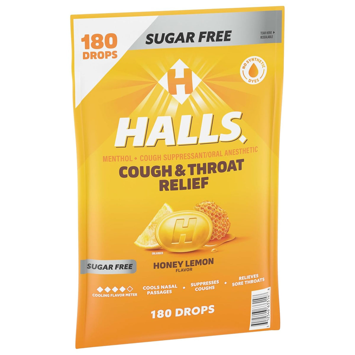 HALLS Cough & Throat Relief Honey Lemon Sugar Free Cough Drops, 180 ct | No Synthetic Dyes, Bulk Pack