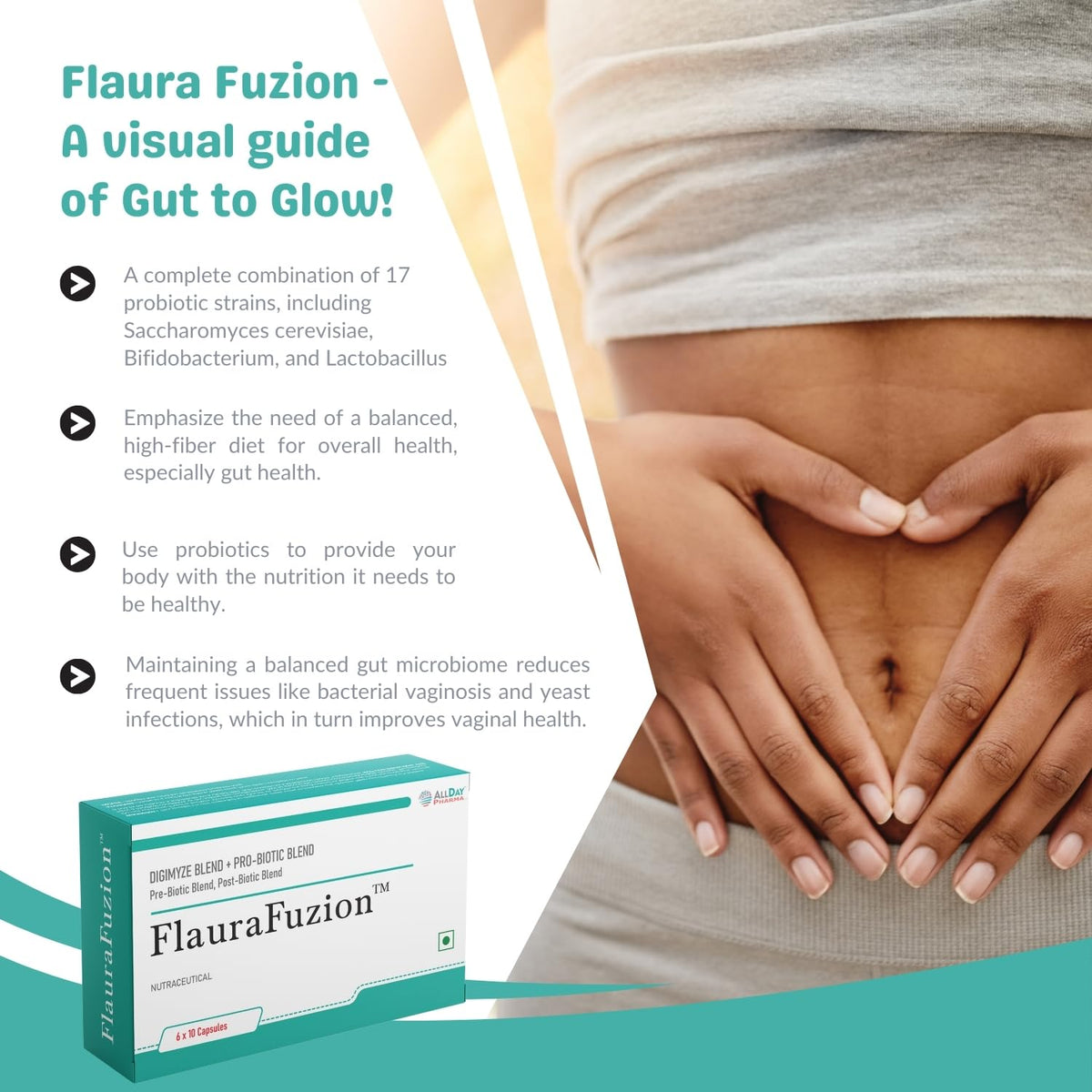 ALLDAY PHARMA FlauraFuzion Probiotic Capsules for Women | 50 Billion CFU | 17 Multi-Strain Probiotics | Gut Health, Digestion Support & Immunity Booster | Women’s Daily Supplement | 10 Capsules