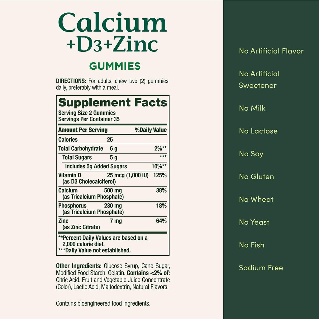 Nature's Bounty Calcium + D3 + Zinc Gummies, 500mg, 70ct | Orange & Cherry, Supports Strong Bones & Teeth, Healthy Immune System