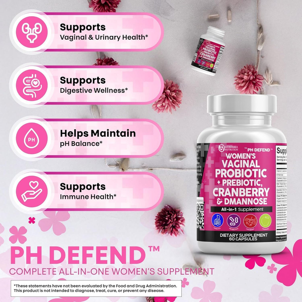 Vaginal Probiotics for Women with Cranberry, D-Mannose, Prebiotics, pH Balance Support, Feminine Health, Urinary Tract Cleanse – Capsule Alternative to Gummies – 60 Count