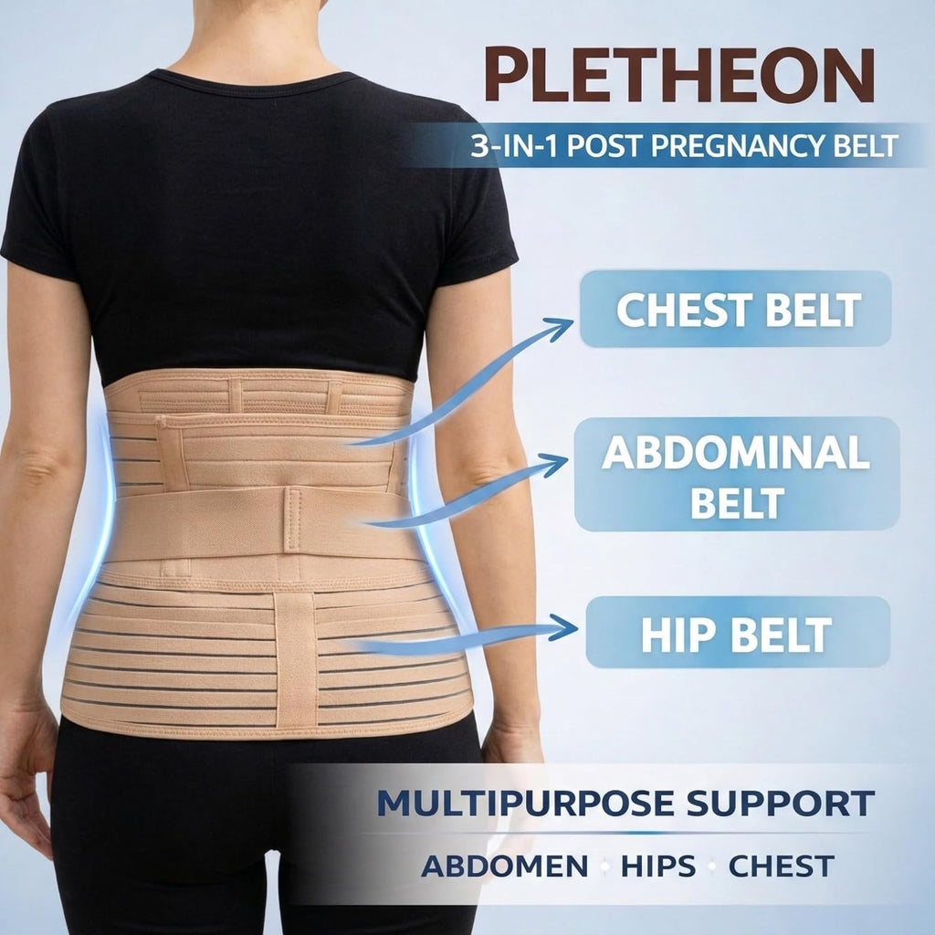 PLETHEON 3-in-1 Post Pregnancy Abdominal Belt for Women – Post Delivery Belly, Waist & Pelvis Support Wrap | Postpartum Tummy Compression Shapewear | Free Size 30–46 Inch | Beige