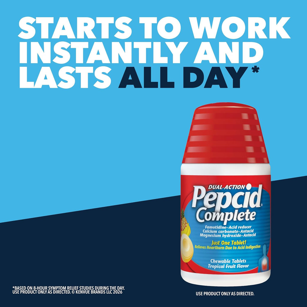 Pepcid Complete Acid Reducer + Antacid Chews, 10mg Famotidine, 50 Ct | Heartburn Relief, OTC, 800mg Calcium Carbonate, 165mg Magnesium Hydroxide, 10 mg Famotidine, For Acid Reflux, Tropical Fruit