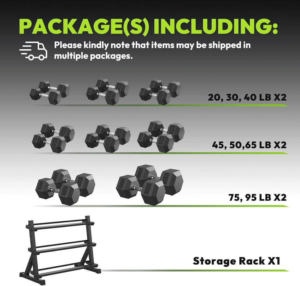 HANDBODE Rubber Coated Hex Dumbbell Set with Rack, 300-840 lb