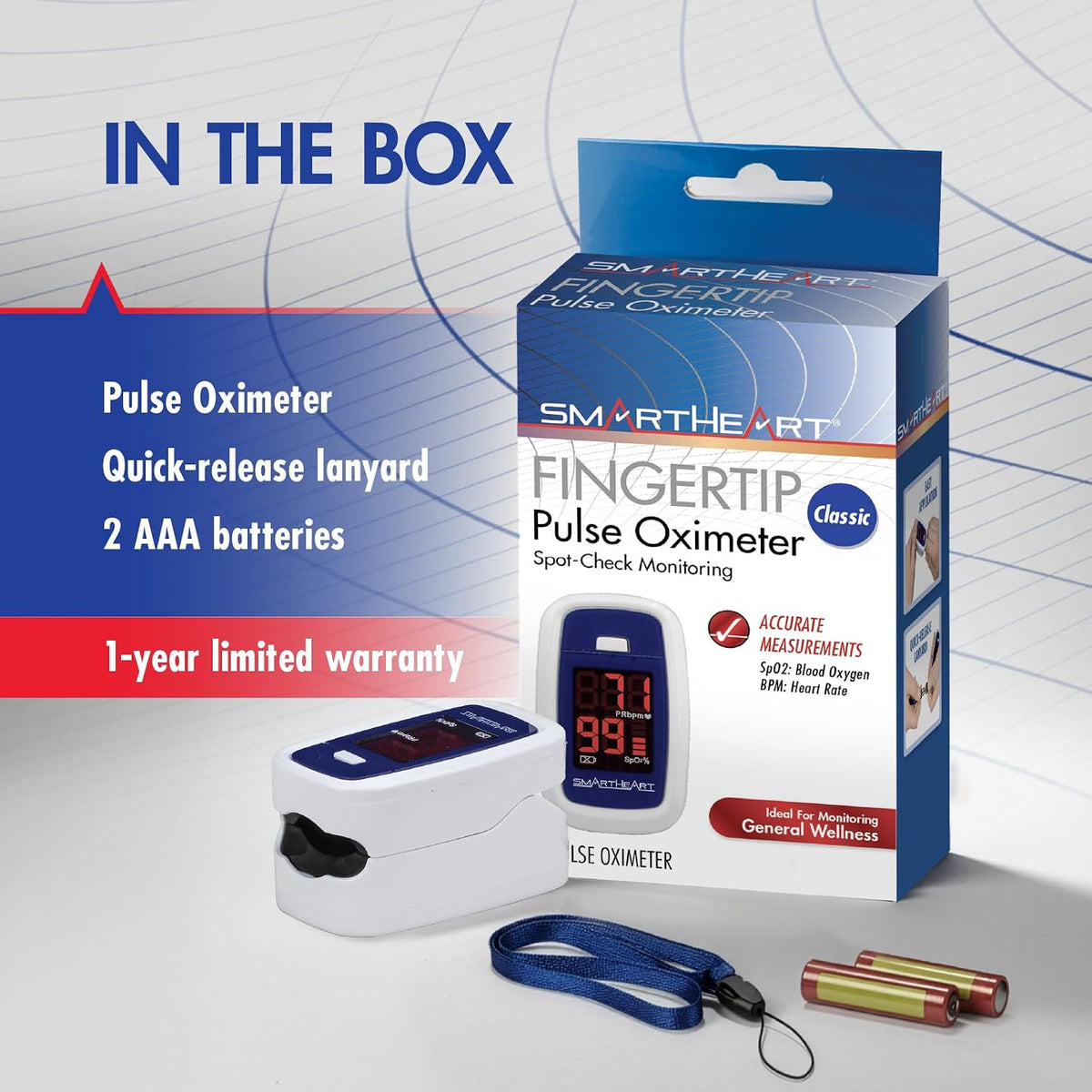 SmartHeart Fingertip Pulse Oximeter | Pulse Rate Monitor, Blood Oxygen Saturation, LED Display, Portable for Home & Sports Use, Lanyard & Batteries Included