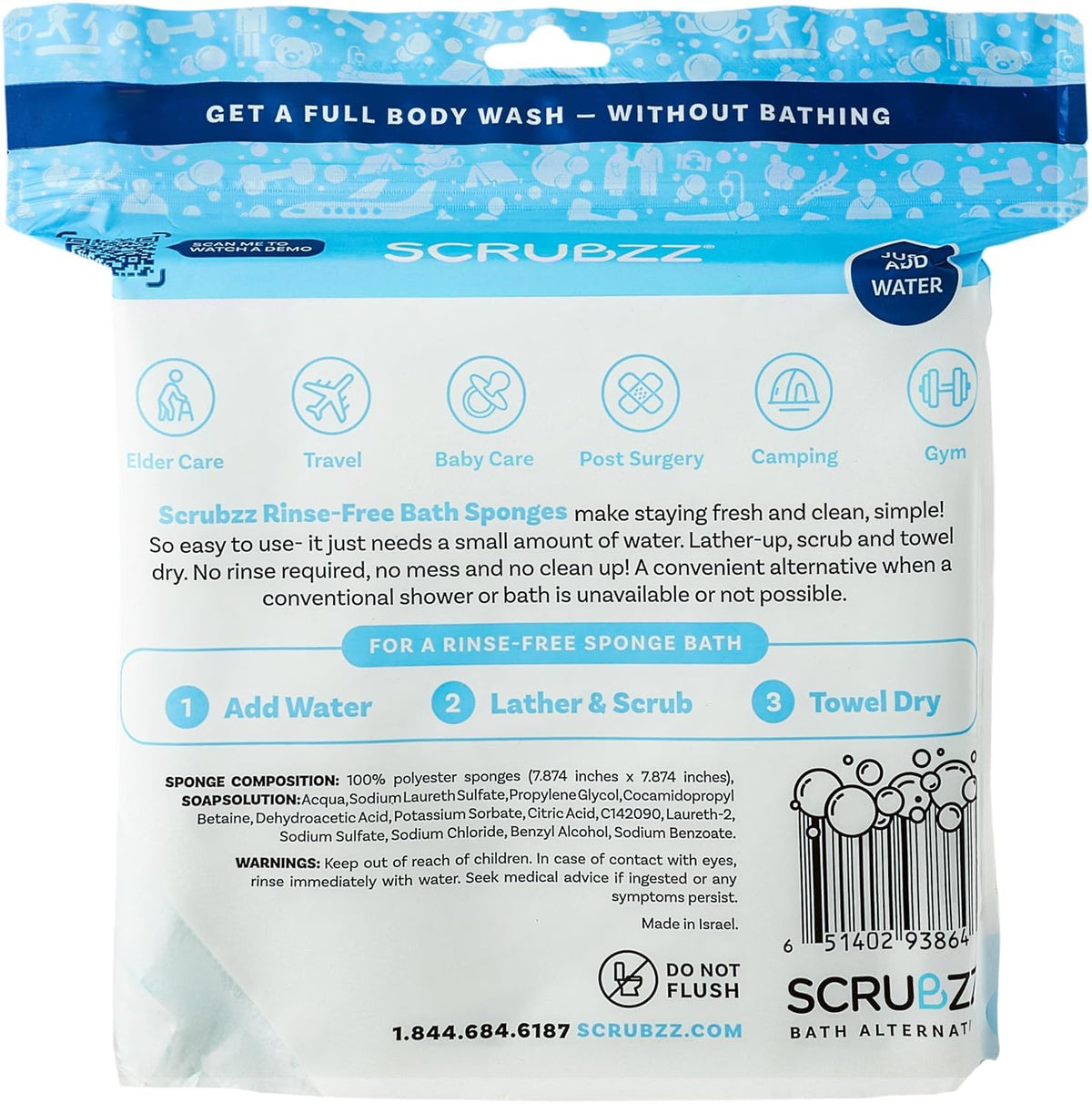 Scrubzz Disposable Rinse Free Bathing Wipes - 25 Pack - All-in-1 Single Use Shower Wipes, Simply Dampen, Lather, and Dry Without Shampoo or Rinsing