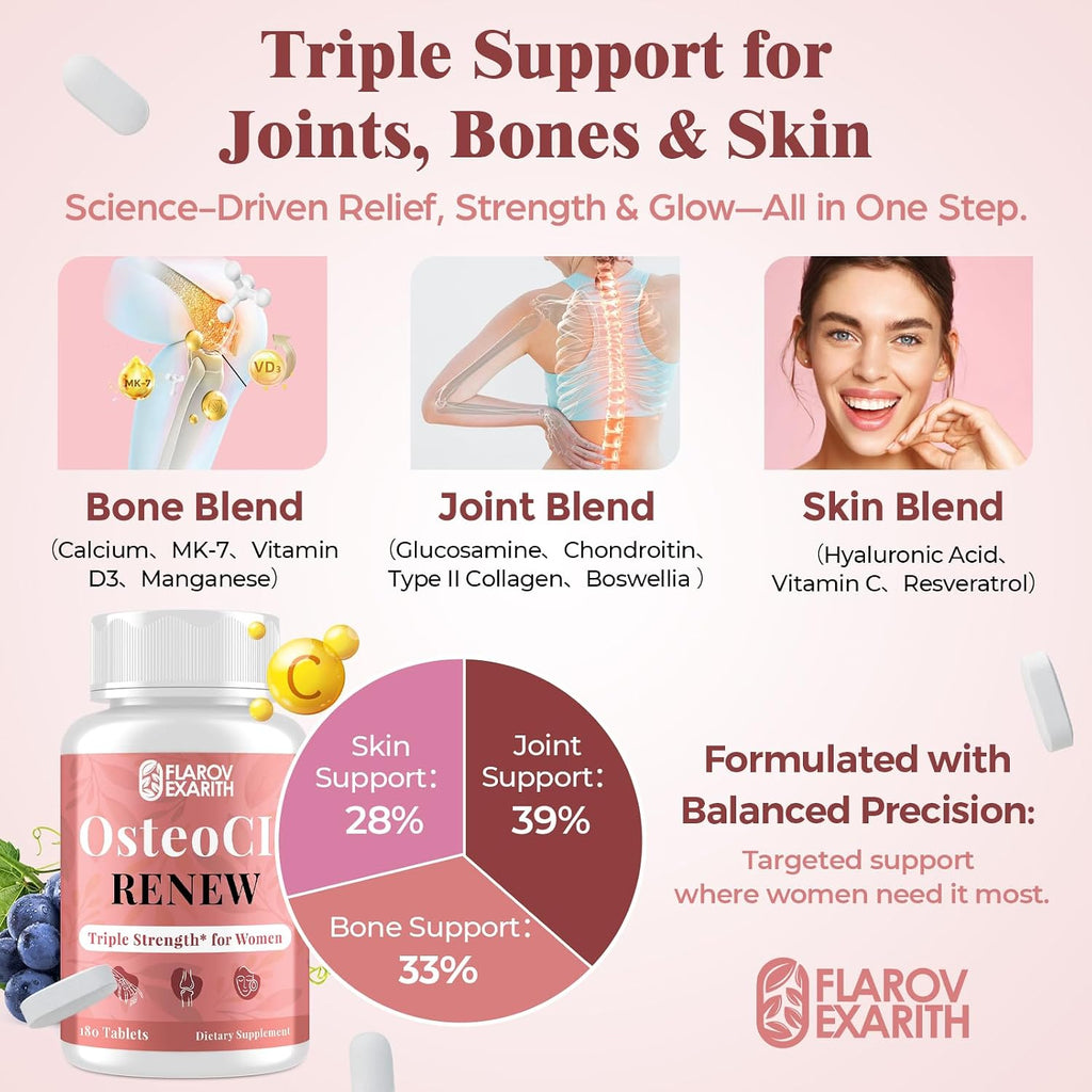 Joint Supplements for Women OsteoCII Renew Triple Strength – Advanced Joint, Bone & Skin Formula – Collagen, Glucosamine, Chondroitin, Calcium, MK-7, Vitamin D3, Hyaluronic Acid, 180 Tablets