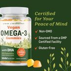 Omega 3 6 9 + DHA Gummies, Plant-Based Triple Omegas, 50mg DHA, Vegetarian | Algae Flaxseed & Safflower Oil, Non-GMO, Gluten-Free, Essential Fatty Acid Supplements for Adults, Lemon & Orange, 60 Gummies
