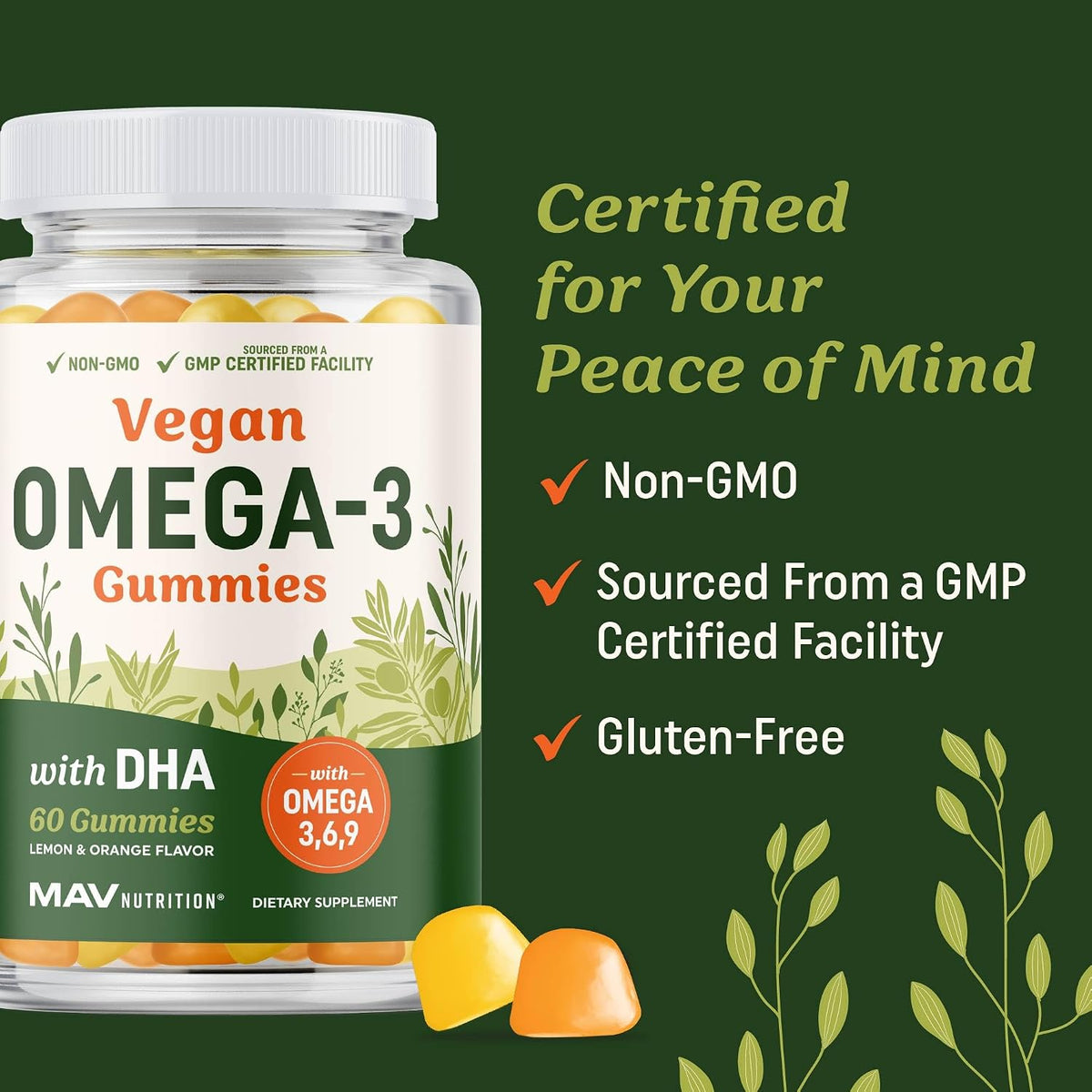 Omega 3 6 9 + DHA Gummies, Plant-Based Triple Omegas, 50mg DHA, Vegetarian | Algae Flaxseed & Safflower Oil, Non-GMO, Gluten-Free, Essential Fatty Acid Supplements for Adults, Lemon & Orange, 60 Gummies