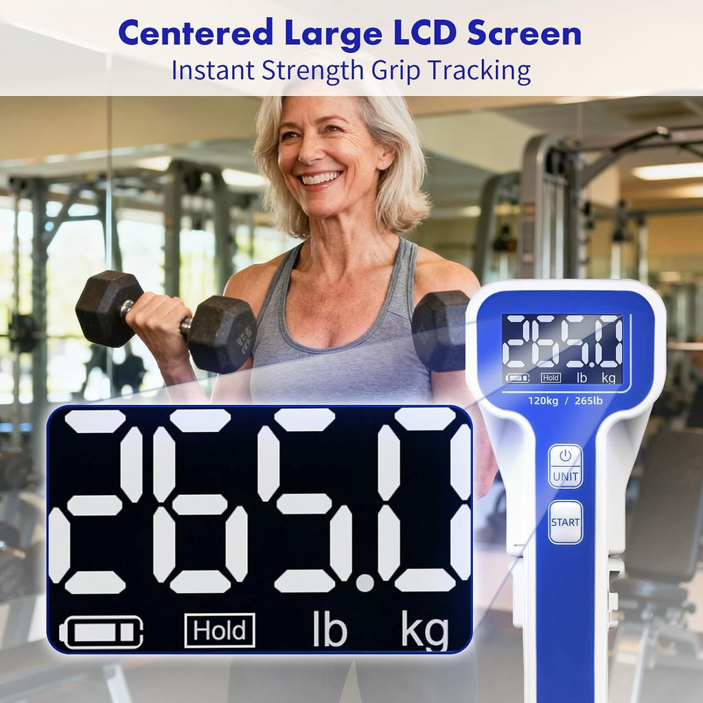 Digital Grip Strength Tester, 265 lb Hand Dynamometer, White | 265 lb Capacity; 0.2 lb Accuracy; Backlit LCD; Adjustable Grip; FDA Registered; 2-Year Warranty